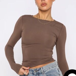 White Fox Boutique Only For Tonight Long Sleeve Shirt Tee Top Mocha Color